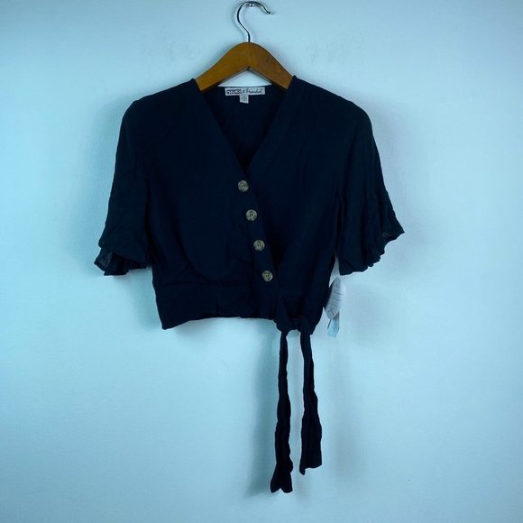 Gypsies & Moondust Juniors XS Black Tie Front Button Wrap Blouse Top NWT AQ86 - Picture 3 of 9